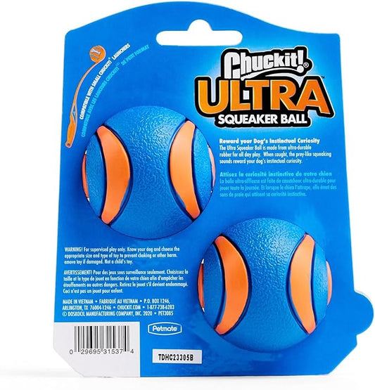 Chuckit! Ultra Squeaker Ball Dog Toy for Medium Breeds - Bouncy Squeaky Fetch Balls for Dogs - Floating Water Pet Toys - Durable Rubber - Size Medium - 2.5" Diameter - Pack of 2
