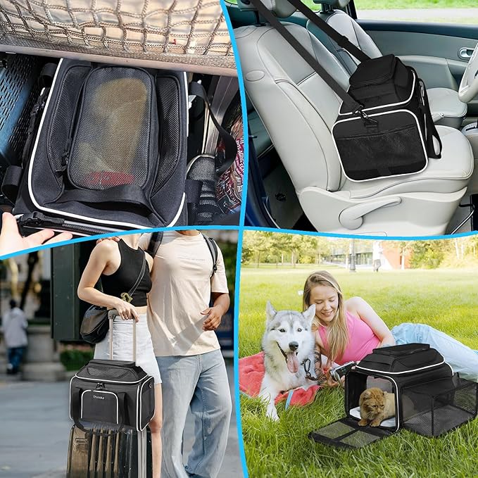 Petskd Top and Side Expandable Pet Carrier 18x13x9.5 Inches Southwest Allegiant Airline Approved, Soft-Sided Carrier for Small Cats and Dogs with Locking Safety Zippers and Anti-Scratch Mesh(Black)