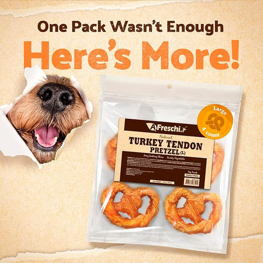 Afreschi Natural Turkey Tendon Pretzel (L) 10 oz, Turkey Sourced from USA, All Natural Puppy Chew, Hypoallergenic, Rawhide Alternative, for Large Breeds