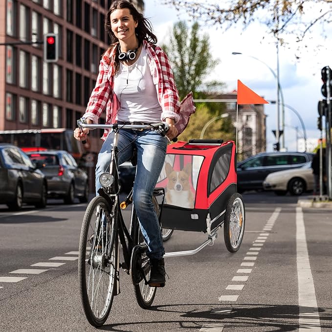 PETSITE Dog Bike Trailer, Dog Cart for Bicycle with 3 Breathable Mesh Entrances, Safety Flage, Easy Folding Pet Carrier with Quick Release Wheels, Pet Bike Trailer for Small & Medium Sized Dogs