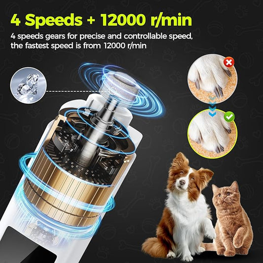 Dog Nail Grinder Quiet - 45db 4 Speed 4 Ports 12000 r/min USB Rechargeable Electric Professional Pet Dog Nail Trimmers with LED Lights for Large Medium Small Puppy Dogs/Cats - White