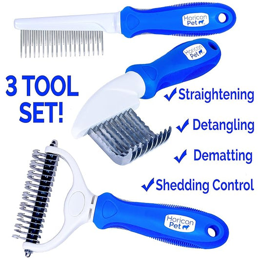 Ultimate Pet Dematting & Deshedding Set - 3 in 1 Grooming Tool Set - Dual Sided Undercoat Rake, Dematting Razor Comb & Detangling Pet Comb