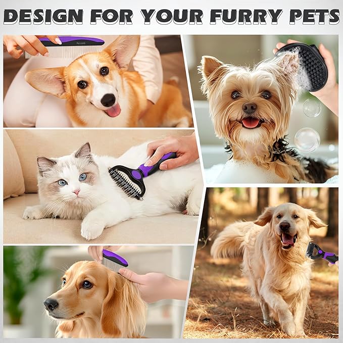 3PCS Premium Dog Grooming Kit - I Deshedding Brush & Metal Comb for Dogs & Cats (Purple Black)