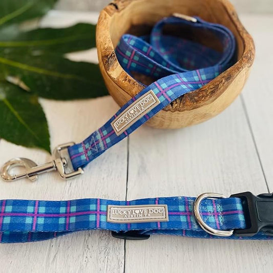 Lucky Love Dog, Blue and Violet Plaid Dog Collar and Leash Set, Adjustable & Comfy Combo Set for Boy and Girl Dogs - (Medium, Scotty Combo)