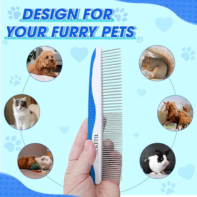 Dog Comb Stainless Steel Teeth, Dog combs for grooming matting, Dematting Comb for Dogs and Cat Removes Tangles & Knots (Blue)