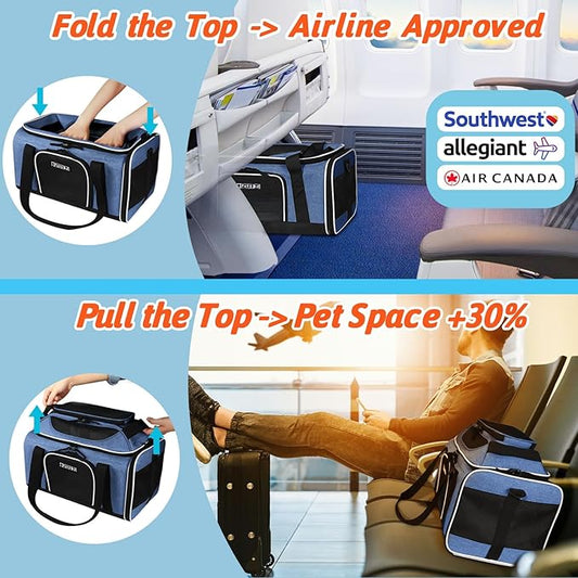 Petskd Top-Expandable Pet Carrier 18x13x9.5 Inches Southwest Allegiant Airline Approved, Soft-Sided Carrier for Small Cats and Dogs with Locking Safety Zippers and Anti-Scratch Mesh(Blue)