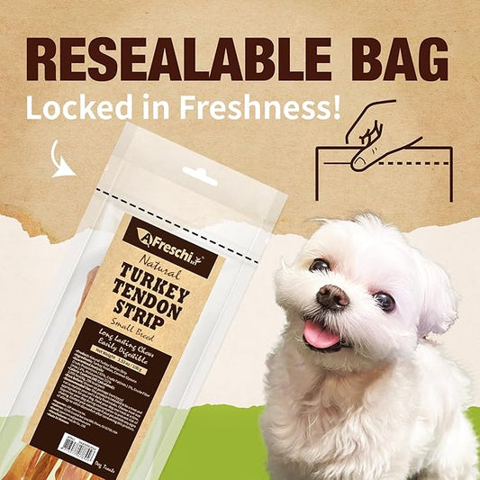 Afreschi Turkey Tendon Dog Treats, Strip 3.53 oz, USA Sourced Turkey, All Natural Human Grade Puppy Chew, Hypoallergenic, Rawhide Alternative, for Small Breeds