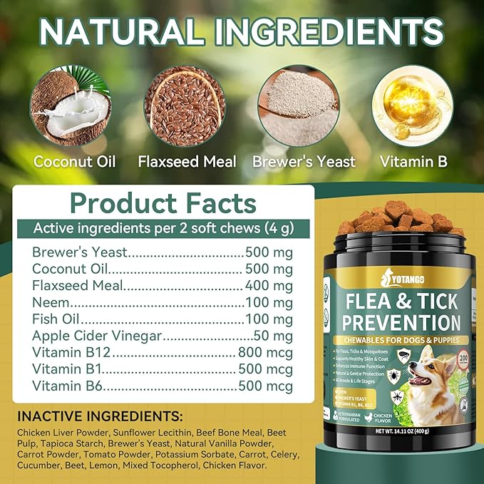 YOTANGO Flea and Tick Prevention for Dogs Chewable, 200 Soft Treats Natural Dog Flea and Tick Treatment Chewable, Oral Flea Supplement Chews, Skin & Coat Support for Dogs Puppies - All Breeds & Ages