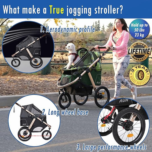 HPZ Pet Rover Run Performance Jogging Sports Stroller with Comfort Rubber Wheels/Zipper-Less Entry/1-Hand Quick Fold/Aluminum Frame for Small/Medium Dogs, Cats and Pets (Green Camo)