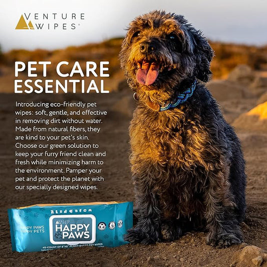 Venture Wipes Happy Paws - Natural Pet Wipes for Dogs and Cats - Biodegradable Grooming Wipes for Paws, Eyes, Ears, and More - Large Cleansing Cloths for Pet Care Essentials (Pull Pack - 40 Count)