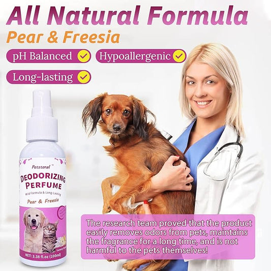 Deodorizing Perfume Spray for Pets, luxury Scent, Long-Lasting Fragrance, 3.38 Fl Oz. (Pear & Freesia)