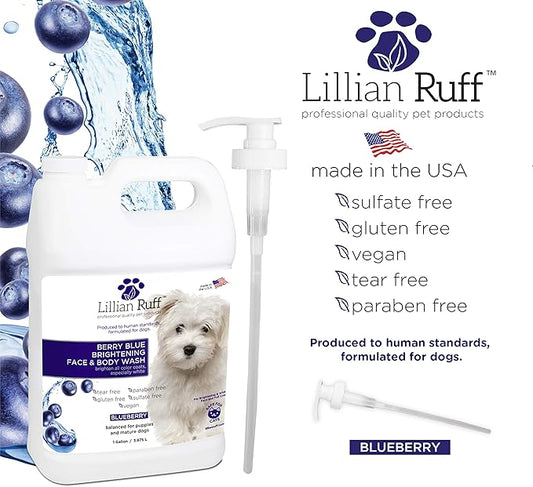 Lillian Ruff Berry Blue Brightening Face and Body Wash for Dogs - Blueberry Shampoo - Remove Tear Stains, Hydrate Dry Itchy Skin, Add Shine & Luster to Coats (Berry Blue Shampoo Gallon/Pump)