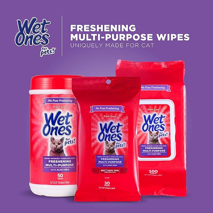 Wet Ones for Pets Cat Cleaning Wipes - Fresh Scent Cat Grooming Wipes with Aloe Vera - Safe Cat Hygiene Supplies - Cat Fur Cleaner - Cat Dander Wipes - Kitten Wipes - Pet Cleaning Supplies - 50 Count