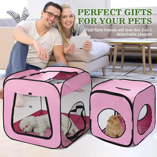 Royizen Puppy Cat Tent Playpen Foldable Waterproof Dog Crate Kennel Indoor Outdoor Portable Playpen Kitten and Small Pets Pop Up Kennel Cat Travel Carrier with Litter Box Enclosure, Pink