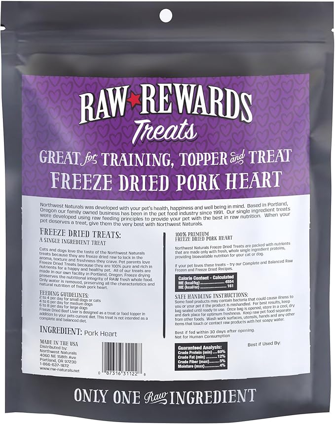 Northwest Naturals Raw Rewards Freeze-Dried Pork Heart Treats for Dogs and Cats - Bite-Sized Pieces - Healthy, 1 Ingredient, Human Grade Pet Food, All Natural - 10 Oz