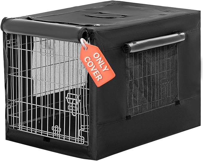 PETSFIT Dog Crate Cover,42 Inch Cover for Wire Dog Kennel, Single Door, Mesh Window, Flap On The Top and Back is Detachable,Black
