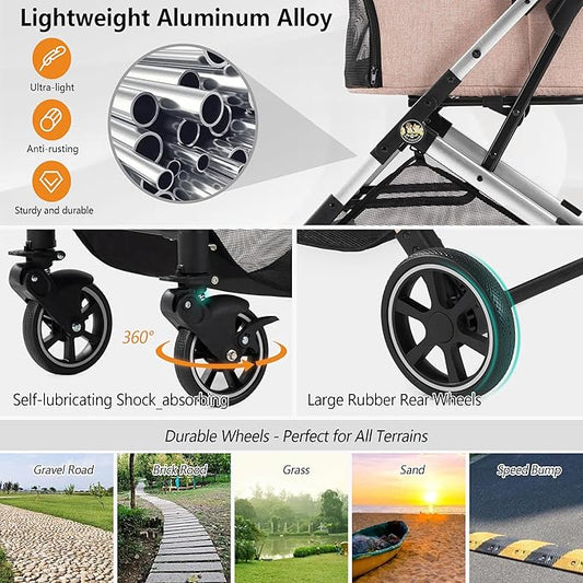 Medium Dog Stroller, Kenyone Pet Stroller for Medium Dogs Up to 55lbs, Lightweight Aluminum Frame, One Click Folding, Large Cat Stroller with No Zip Entry, Detachable Mesh, Multiple Pockets