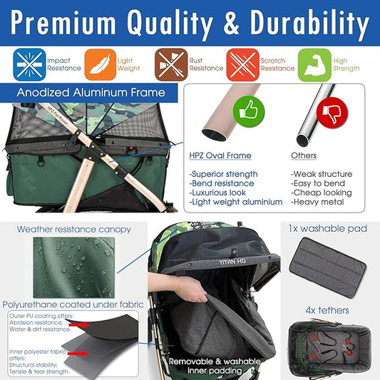 HPZ Pet Rover Titan-HD Premium Super-Sized Dog/Cat/Pet Stroller SUV Travel Carriage/w Access Ramp/100Lbs Capacity/Pumpless Rubber Wheels/Aluminum Frame for Small, Med, Large, XL Pets (Green Camo)