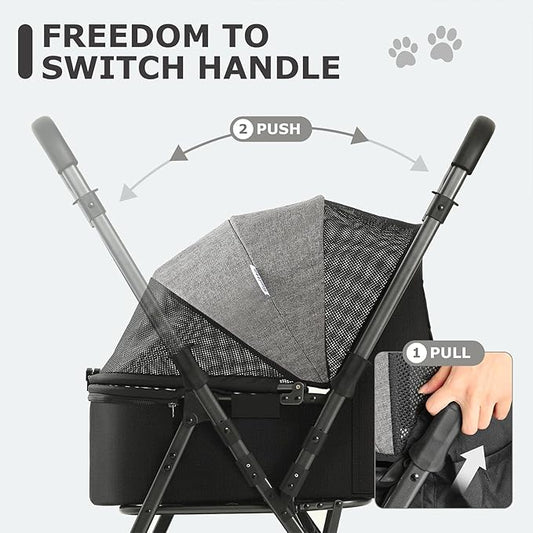 SWITTE Dog Stroller for Small Medium Dogs, Foldable Cat Pet Stroller with Reversible Handlebar, 4 Universal Wheels, Portable Puppy Dog Jogging Stroller with Waterproof Pad, Grey
