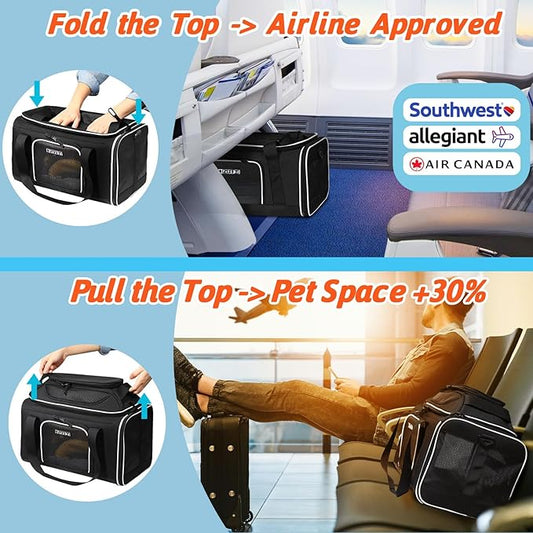 Petskd Top-Expandable Pet Carrier 18x13x9.5 Inches Southwest Allegiant Airline Approved, Soft-Sided Carrier for Small Cats and Dogs with Locking Safety Zippers and Anti-Scratch Mesh(Black)