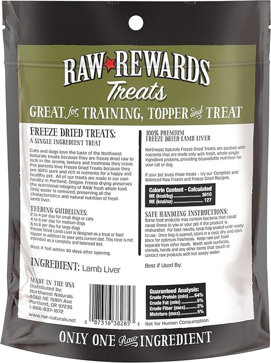 Northwest Naturals Raw Rewards Freeze-Dried Lamb Liver Treats for Dogs and Cats - Bite-Sized Pieces - Healthy, 1 Ingredient, Human Grade Pet Food, All Natural - 3 Oz