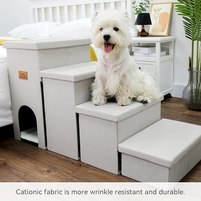 Dog Stairs with Storage 23" H, 4-Step Wider Dog Steps for High Beds Window, Folding Sturdy Pet Stairs Gift for Small/Medium/Large Dogs Cats, Dog Ramp for Climbing Car Hold Up to 200 lbs, Beige Gray
