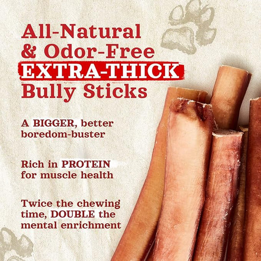 Natural Farm Odor Free Jumbo Bully Sticks (6 Inch, 12 Pack), Extra-Thick Dog Treats – Fully Digestible 100% Beef Treats, Natural Dental Chews – Keep Your Dog Busy with 50% Longer Lasting Chews