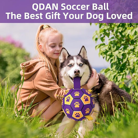 QDAN Extra Large Dog Toys Soccer Ball - Durable Dog Balls for Extra Large Dogs with Straps, Interactive Dog Tug Toy with Strap for Tug of War (9 Inch)