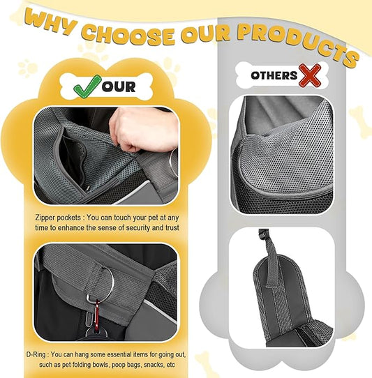 WOYYHO Pet Dog Sling Carrier Adjustable Strap Breathable Mesh Puppy Sling for Small Dogs with Zipper Touch Pocket Safety Leash Dog Sling Carrier for Outdoor Travel (S (2-4.5 lbs), Black)