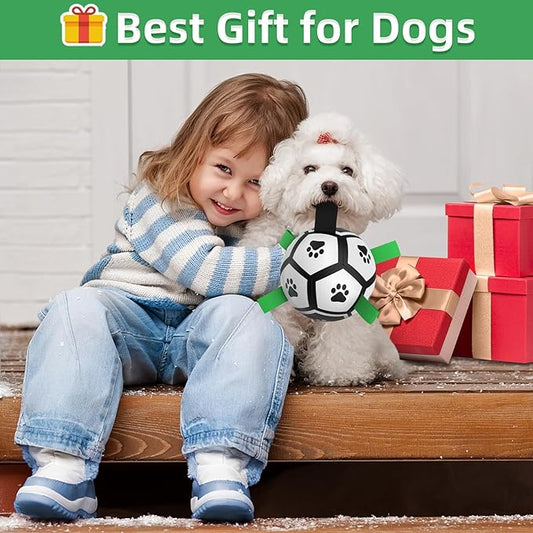 QDAN Dog Toys Soccer Ball with Straps, Interactive Dog Toys for Tug of War, Puppy Birthday Gifts, Dog Tug Toy, Dog Water Toy, Durable Dog Balls World Cup for Small Dogs(5 Inch)