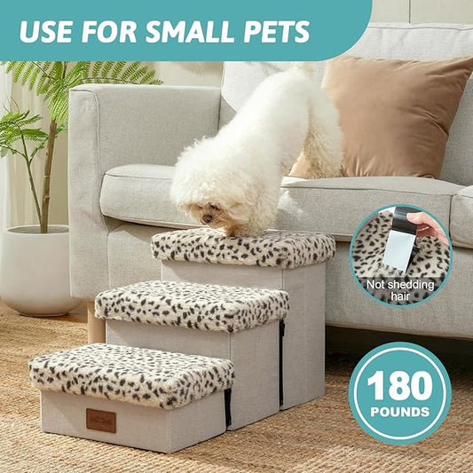 Dog Stair for Small Dogs with Storage, 13.6" H Foldable Pet Step with Soft Leakproof Cover, Older Cat Ramp for Chair Couch Sofa, Lightweight, Comfort, 24.8x13x13.6 inch, 3 Tiers, Leopard