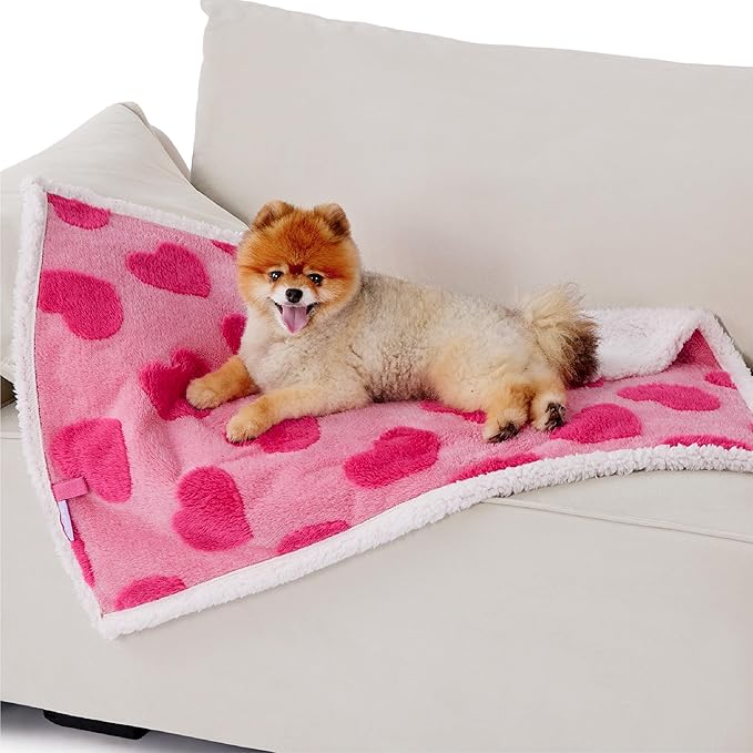 Lesure Waterproof Puppy Blanket for Small Dogs - Washable Double Sided Dog Blankets with Warm Jacquard Shag and Soft Sherpa Fleece, Pet Cat Blanket for Couch Protection, Love Pattern Design,Pink