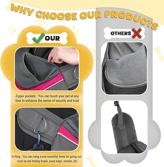 WOYYHO Pet Dog Sling Carrier Adjustable Strap Breathable Mesh Dog Slings for Small Dogs with Zipper Touch Pocket Safety Leash Dog Sling Carrier for Outdoor Travel (S (2-4.5 lbs), Rose)