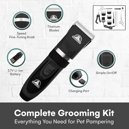 Pet Union Professional Dog Grooming Kit - Cordless Low Noise Dog Clippers for Grooming Thick Coats - All Pet Safe Cat Hair Trimmer - Pet Grooming Kit Includes Dog Hair Clippers, Nail Trimmer & Shears