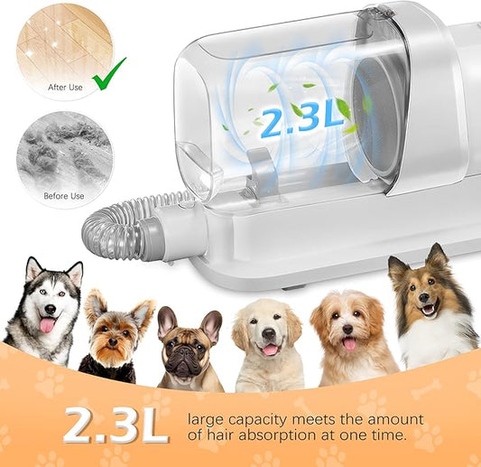 Grooming Kit with 2.3L Vacuum Suction 99% Pet Hair, Pet Grooming Vacuum Low Noise with 5 Tools and 4 Different Lengths Clipper Guards for Dog Cat (White)