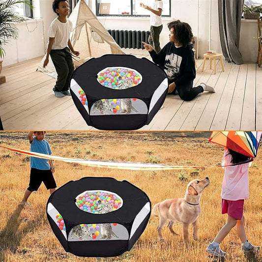 Small Animal Playpen,Portable Small Animal Cage Tent Breathable Pet Playpen Cage Tent Pop-Up Outdoor&Indoor Exercise Fence for Hamster Guinea Pig Rabbit Puppy Hedgehog (Black with Cover)