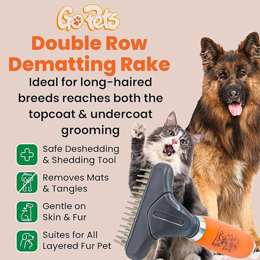 GoPets Double Row Dematting Rake for Dogs & Cats, Undercoat Grooming Brush, Safe Deshedding & Shedding Tool for Thick & Long Coats, Removes Mats & Tangles, Ideal for long-haired dogs
