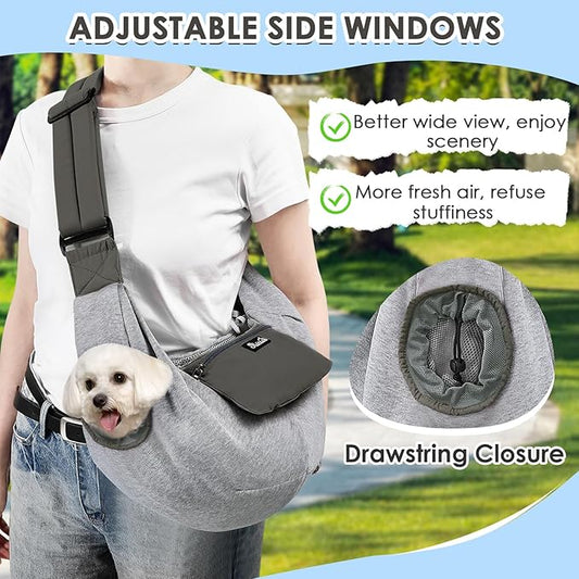 SlowTon Dog Carrier Sling - Puppy Carrier with Window and Storage Pocket Fits up to 12lbs, Dog Sling with Thick Adjustable Shoulder Strap and Safety Leash, Pet Carrier Bag for Small Dogs Cats(Grey S)
