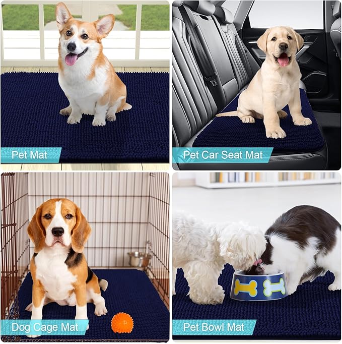 OLANLY Dog Door Mat for Muddy Paws 48x30, Absorbs Moisture and Dirt, Absorbent Non-Slip Washable Mat, Quick Dry Chenille, Mud Mat for Dogs, Entry Indoor Door Mat for Inside Floor, Navy Blue