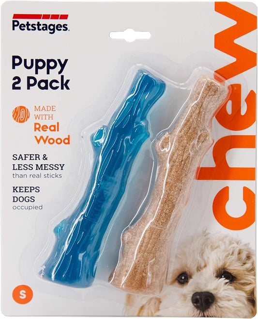 Petstages Dogwood Puppy Durable Dog Chew Toys, Real Wood & Teething Bone, 2-Pack, Small