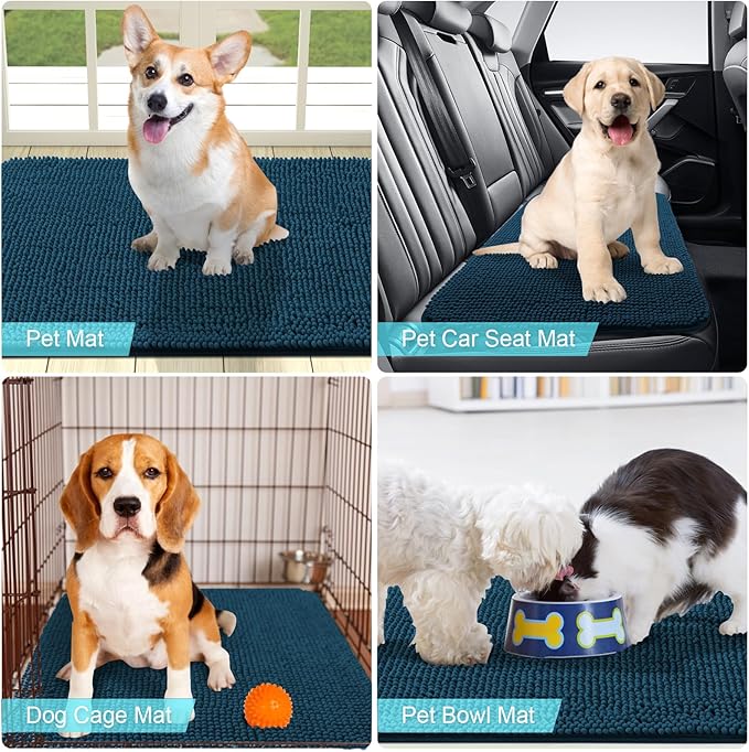 OLANLY Dog Door Mat for Muddy Paws 36x24, Absorbs Moisture and Dirt, Absorbent Non-Slip Washable Mat, Quick Dry Chenille, Mud Mat for Dogs, Entry Indoor Door Mat for Inside Floor, Atlantic Blue