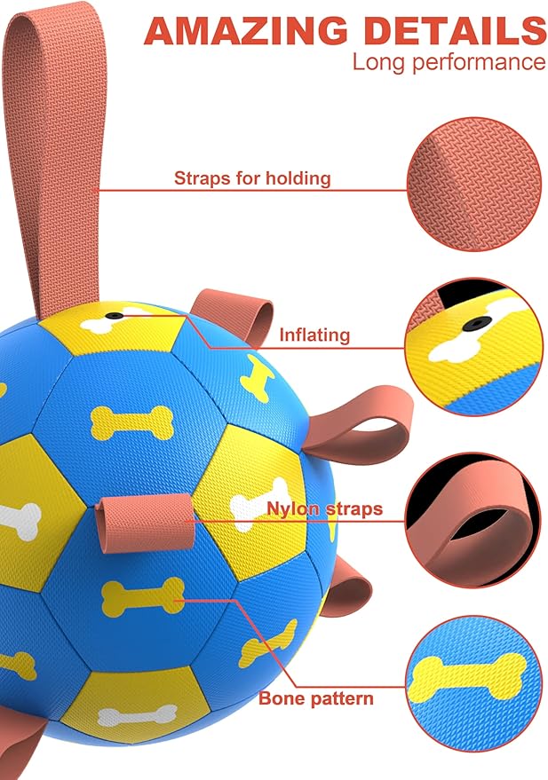 Amasiver Dog Soccer Ball Toys with Straps - 8 inch Large Herding Ball, Interactive Toys for Tug of War, Birthday Gifts,Water Toy, World Cup Sturdy Balls for Medium Large