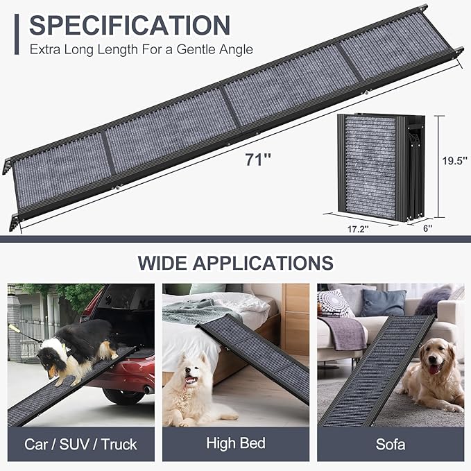 Dog Ramp for Car 71" Extra Long & 17.2" Wide Folding Pet Ramp Dog Ramps for Large Dogs with Non-Slip Rug Surface Portable Dog Car Ramp for SUV Car & Truck, Outdoor Dog Ramp Up to 270 LBS
