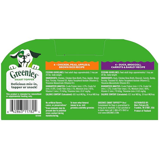Greenies Smart Topper High Protein Wet Mix-in for Dogs, Chicken, Peas, Apples, and Brown Rice Recipe & Duck, Broccoli, Carrots and Barley Recipe Variety Pack with Whole Grains, 2oz. 8 Trays