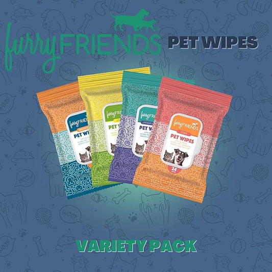 FurryFriends Pet Wipes | Variety Pack | Hypo-allergenic | Alcohol Free| Deodorizing | Removes Loose Hair & Dirt | Incredibly Clean | 4 Pack