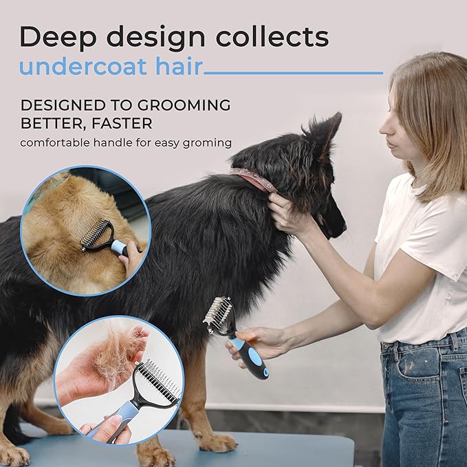 Deshedding Brush & Rake for Pets - 2-Sided Professional Grooming Tool Effectively Removes Knots, Tangles & Loose Hair from Cats & Dogs (4 IN)