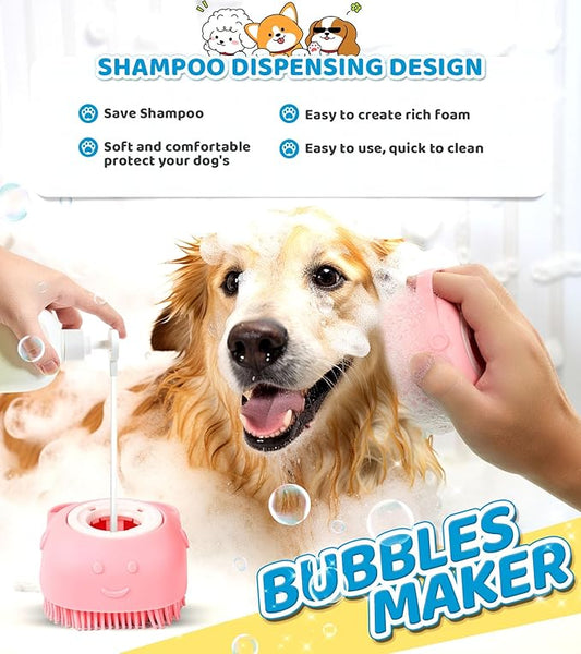 Dog Bath brush Pet Shampoo Brush with Adjustable Ring Handle Soft Massage Dispenser Panda Shape Brush for Short Long Haired Dogs Cats Showering(Pink)