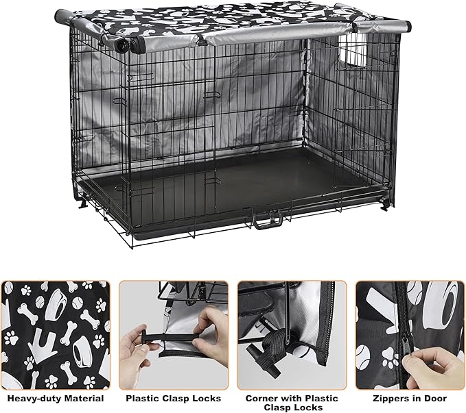 kefit Dog Crate Cover 48 inch, Kennel Cover Fit for Dog Crate, Black/Paw