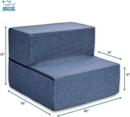 Best Pet Supplies Portable Foldable Foam Pet Stairs/Steps for Couch, Sofa, and High Bed, Non-Slip Bottom Balanced Paw Safe - Navy Blue, Foldable 2-Step (H: 12")