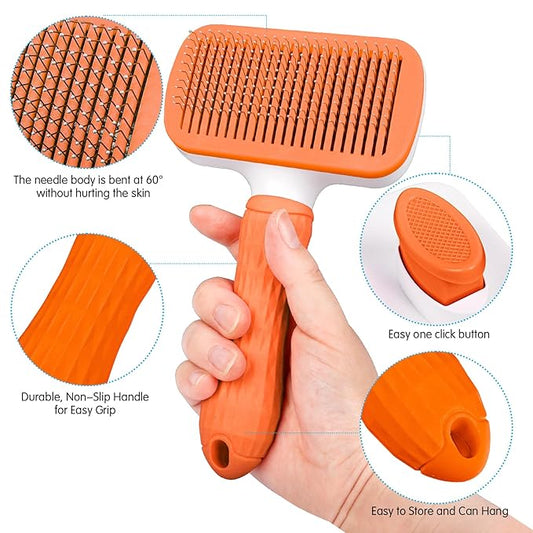 Dog & Cat Brush, Self Cleaning Slicker Brush for Pets, Upgraded Dog Brush for Shedding Massaging and Grooming, Removes Loose Undercoat & Portable Comb for Long Short Haired Dogs(Orange)